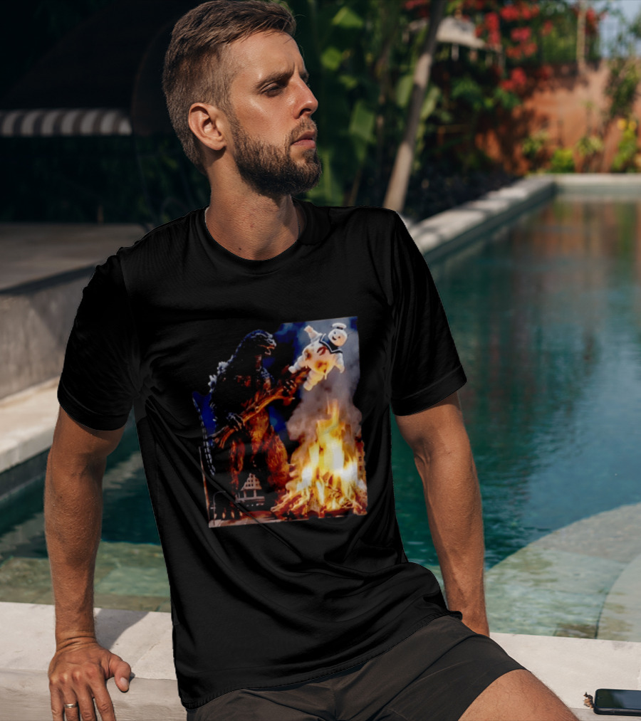 Kaiju Campfire Godzilla Holding Stay Puft Marshmallow Man T-Shirt