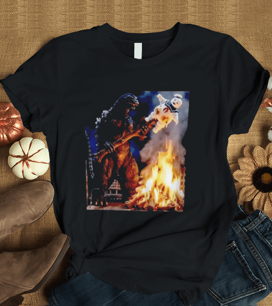 Kaiju Campfire Godzilla Holding Stay Puft Marshmallow Man T-Shirt