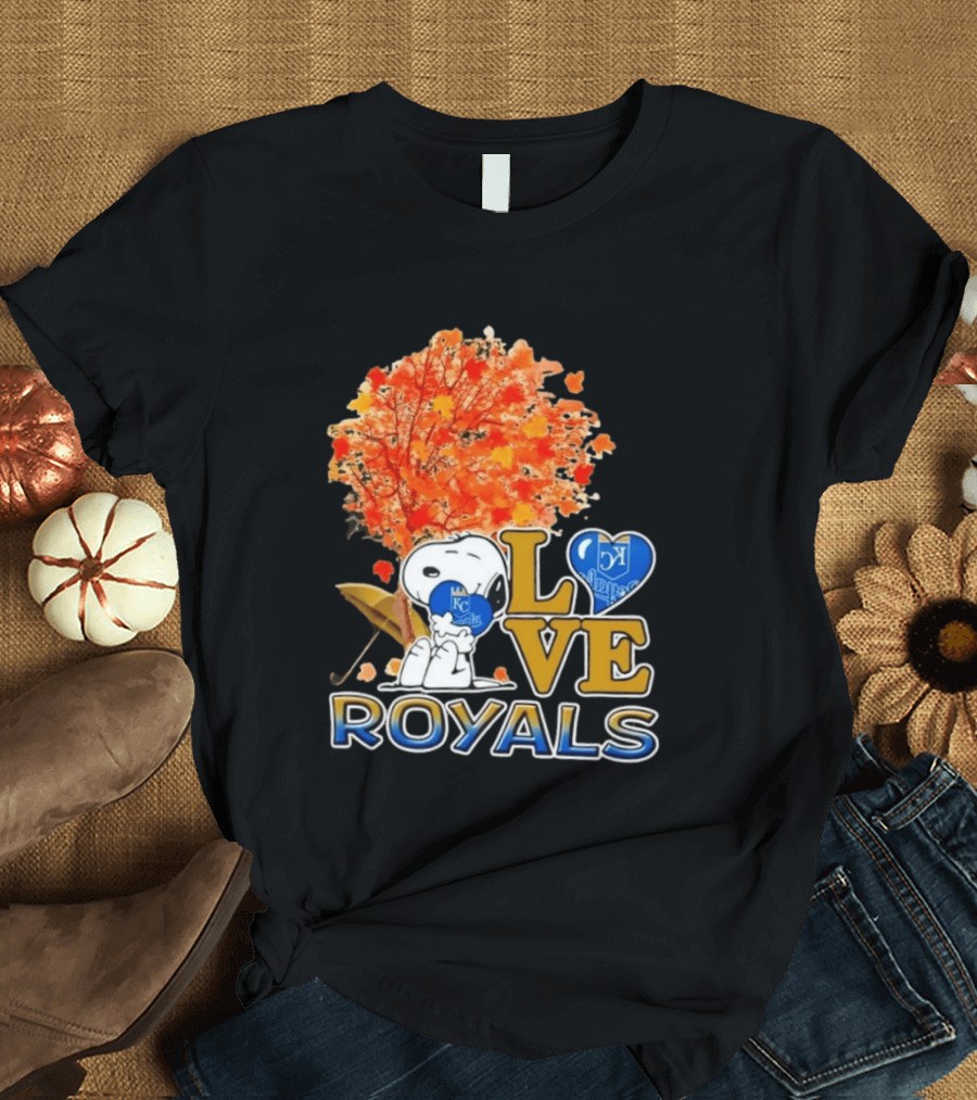 KC Royals Love Snoopy Hug Heart Peanuts Baseball Fall Tree T-Shirt