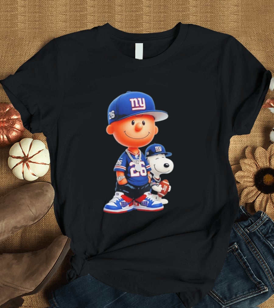Peanuts Characters In New York Giants Team Sportswear T-Shirt