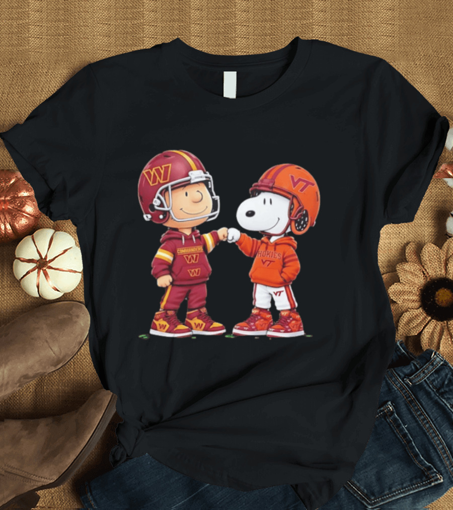 Peanuts Snoopy Charlie Brown Washington Commanders Virginia Tech Hokies Collaboration Fist Bump T-Shirt