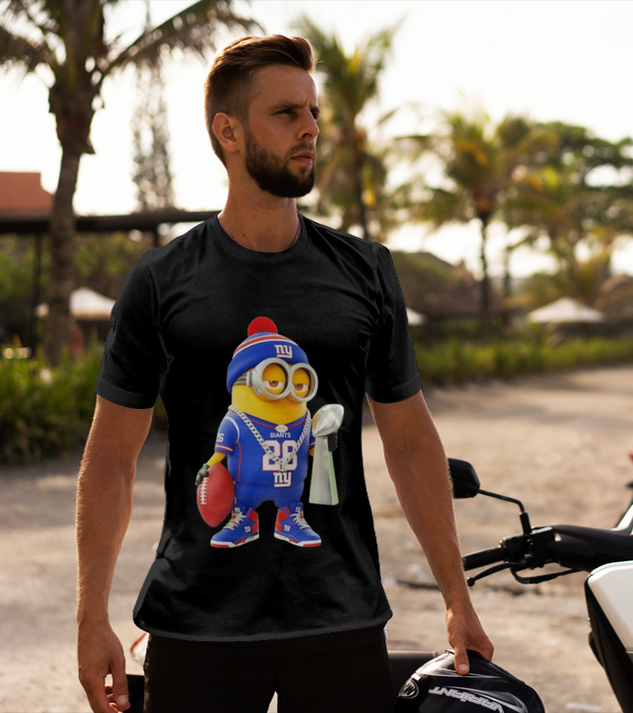 Minion In New York Giants Jersey With Football Trophy And Beanie T-Shirt