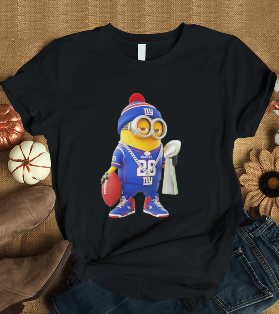 Minion In New York Giants Jersey With Football Trophy And Beanie T-Shirt