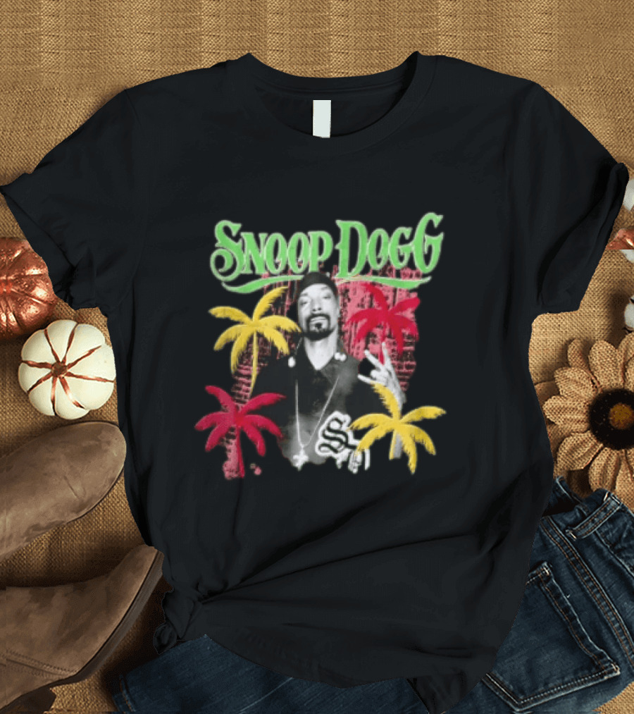 Snoop Dogg Palm Trees Gesture Black And White Portrait With Red And Yellow Palm Trees T-Shirt