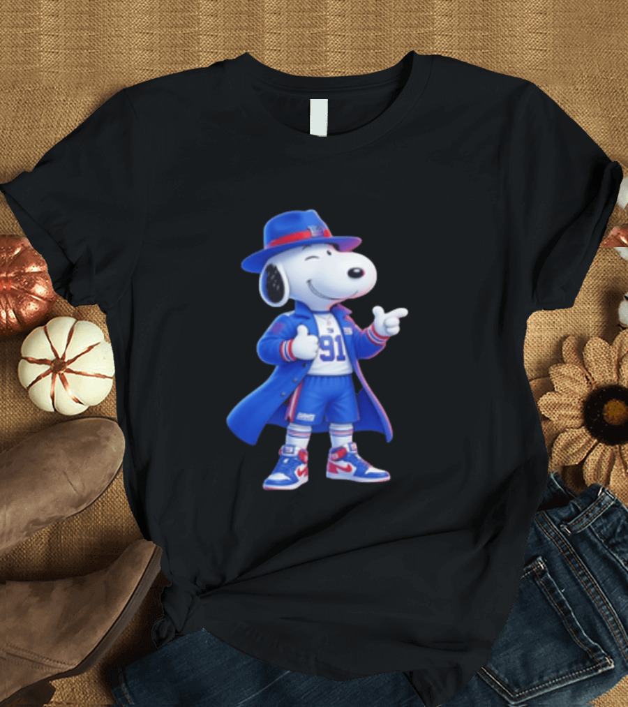 Snoopy New York Giants Football Player Cartoon Blue Coat And Hat T-Shirt