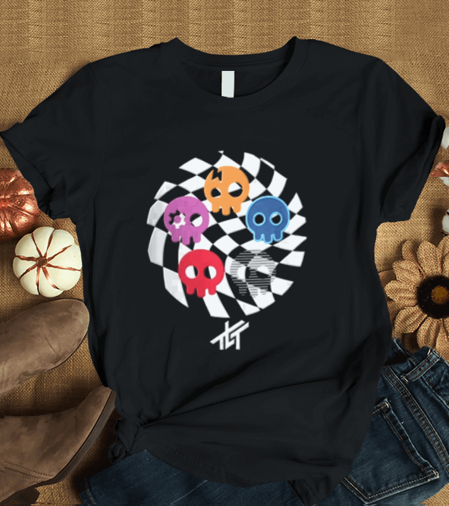 The Living Tombstone Five Colorful Skulls Checkered T-Shirt