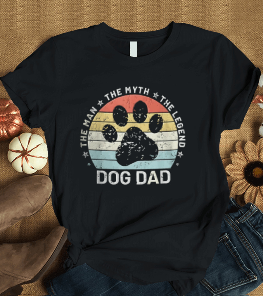 The Man The Myth The Legend Dog Dad Distressed Paw Rainbow Sunset T-Shirt