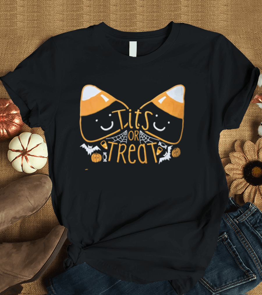 Halloween Candy Corn Faces Tits Or Treat With Spiders Webs Bats Pumpkins T-Shirt