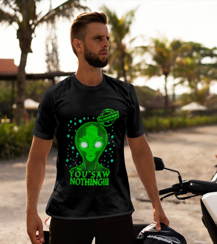 Green Alien You Saw Nothing Glowing Eyes UFO Dots T-Shirt