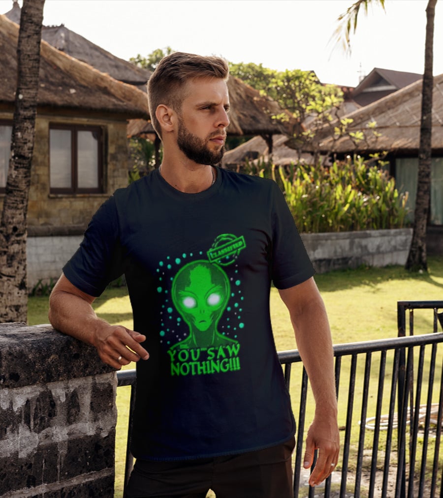 Green Alien You Saw Nothing Glowing Eyes UFO Dots T-Shirt