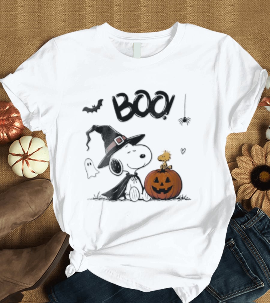 Peanuts BOO Snoopy Witch Hat Woodstock Pumpkin Halloween T-Shirt