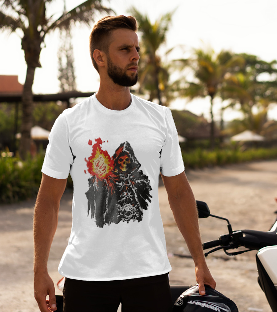 Skeleton Holding Fire Skeletor Hooded Cloak And Fiery Fist T-Shirt