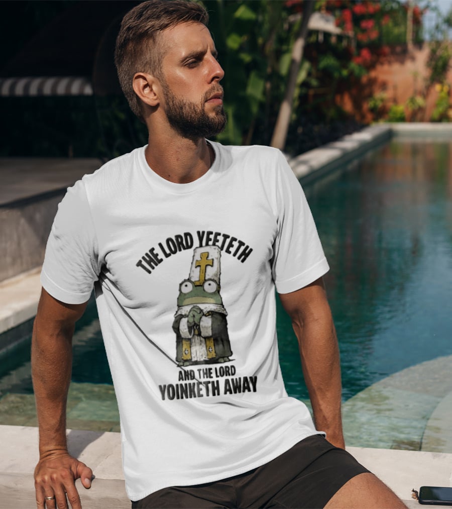 The Lord Yeeteth And The Lord Yoinketh Away Frog In Religious Vestments With Mitre Praying T-Shirt