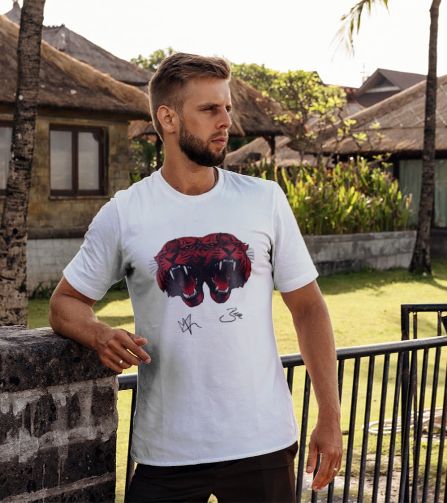 Tigers Heads Roaring Red Dual Fierce Animal T-Shirt