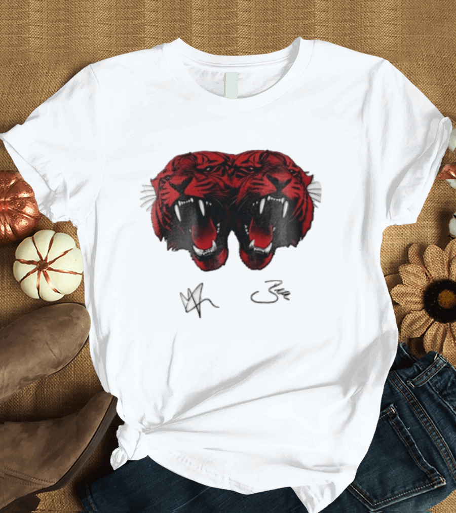 Tigers Heads Roaring Red Dual Fierce Animal T-Shirt