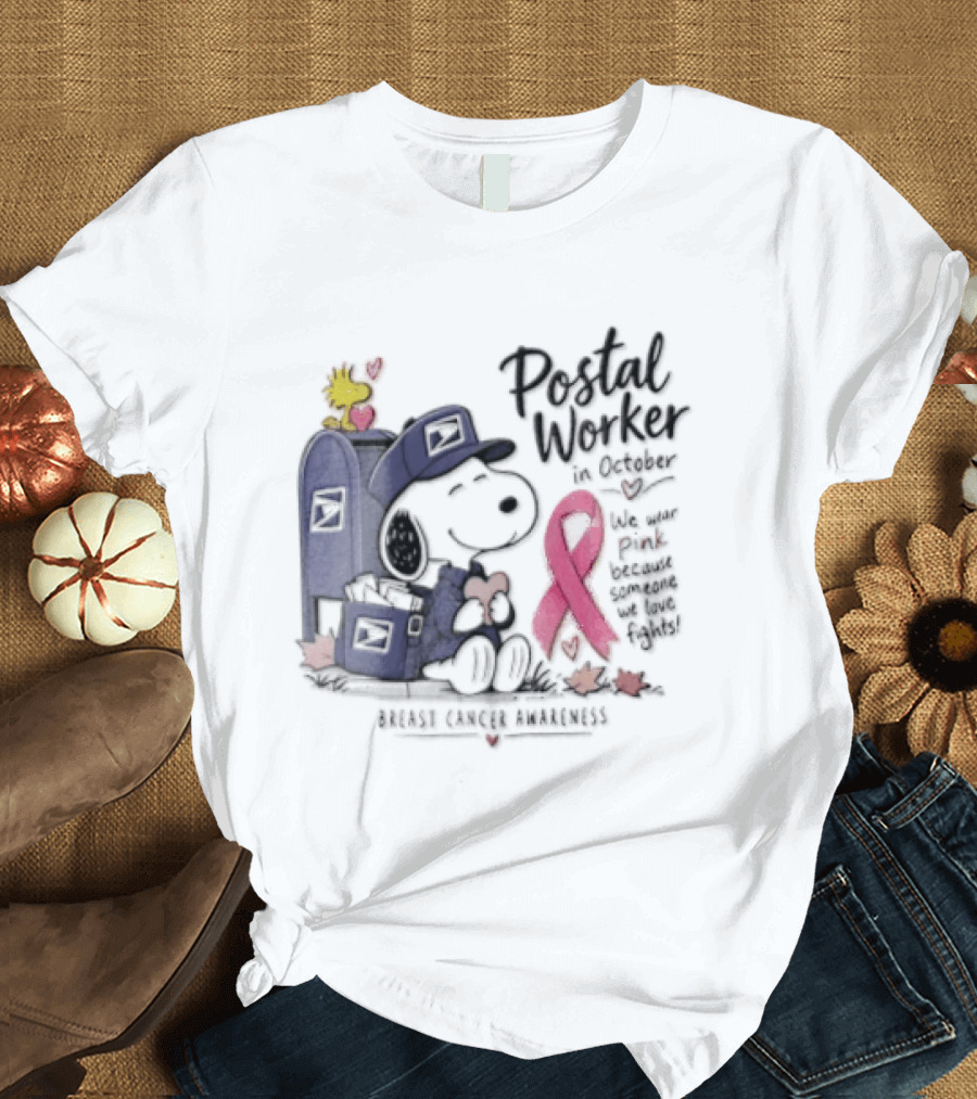 Postal Worker Snoopy And Woodstock With Pink Ribbon Supporting Fighters T-Shirt