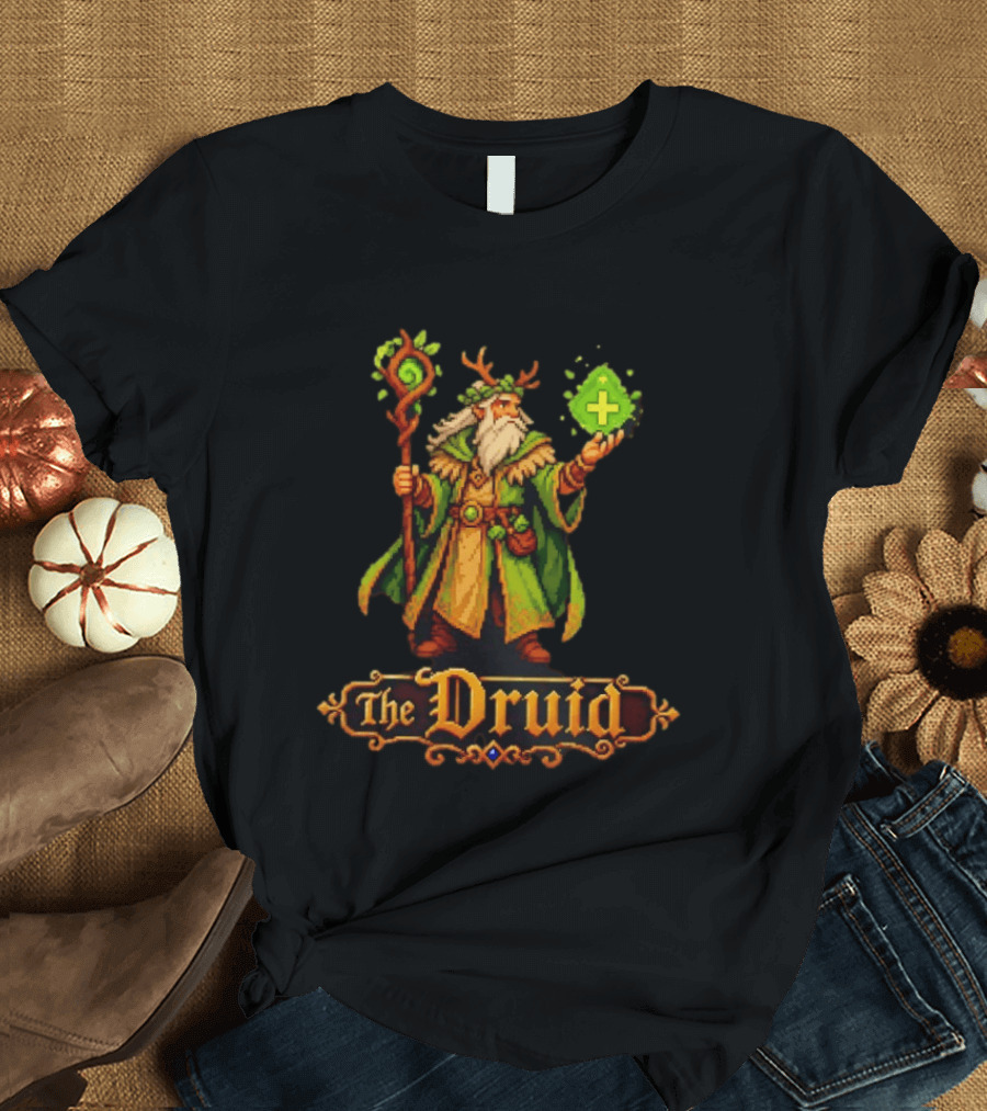 The Druid 16 Bit Game Cartoon Pixel Art Mage With Staff And Potion T-Shirt