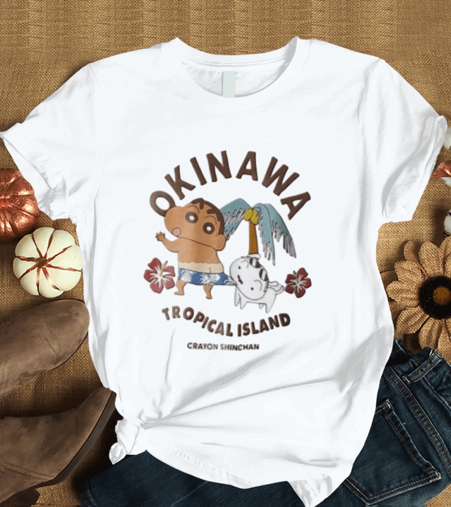 Okinawa Tropical Island Crayon Shin Chan Shinnosuke Nohara Shiro Palm Tree Hibiscus T-Shirt