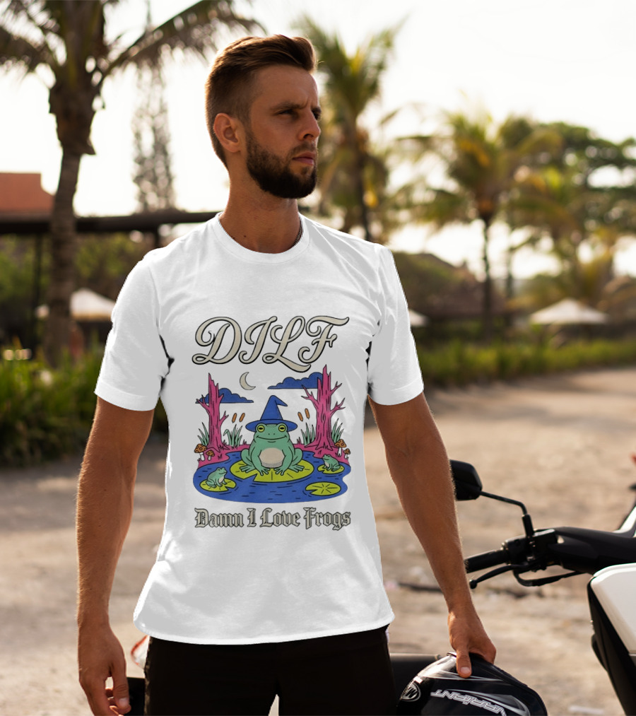 DILF Damn I Love Frogs Cartoon Frog In Pond With Wizard Hat T-Shirt