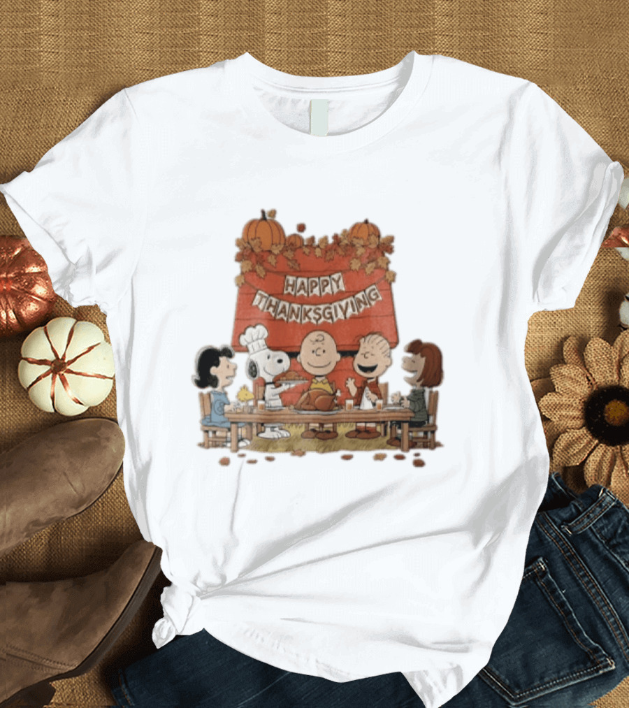 Peanuts Charlie Brown Snoopy Woodstock Lucy Linus Happy Thanksgiving Holiday Celebration T-Shirt