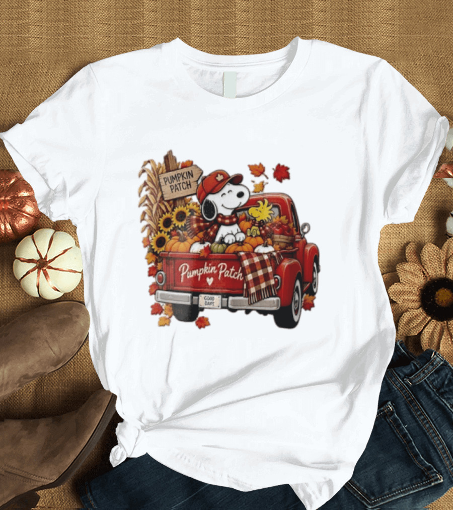 Peanuts Snoopy Woodstock Red Truck Pumpkin Patch Harvest Good Days T-Shirt
