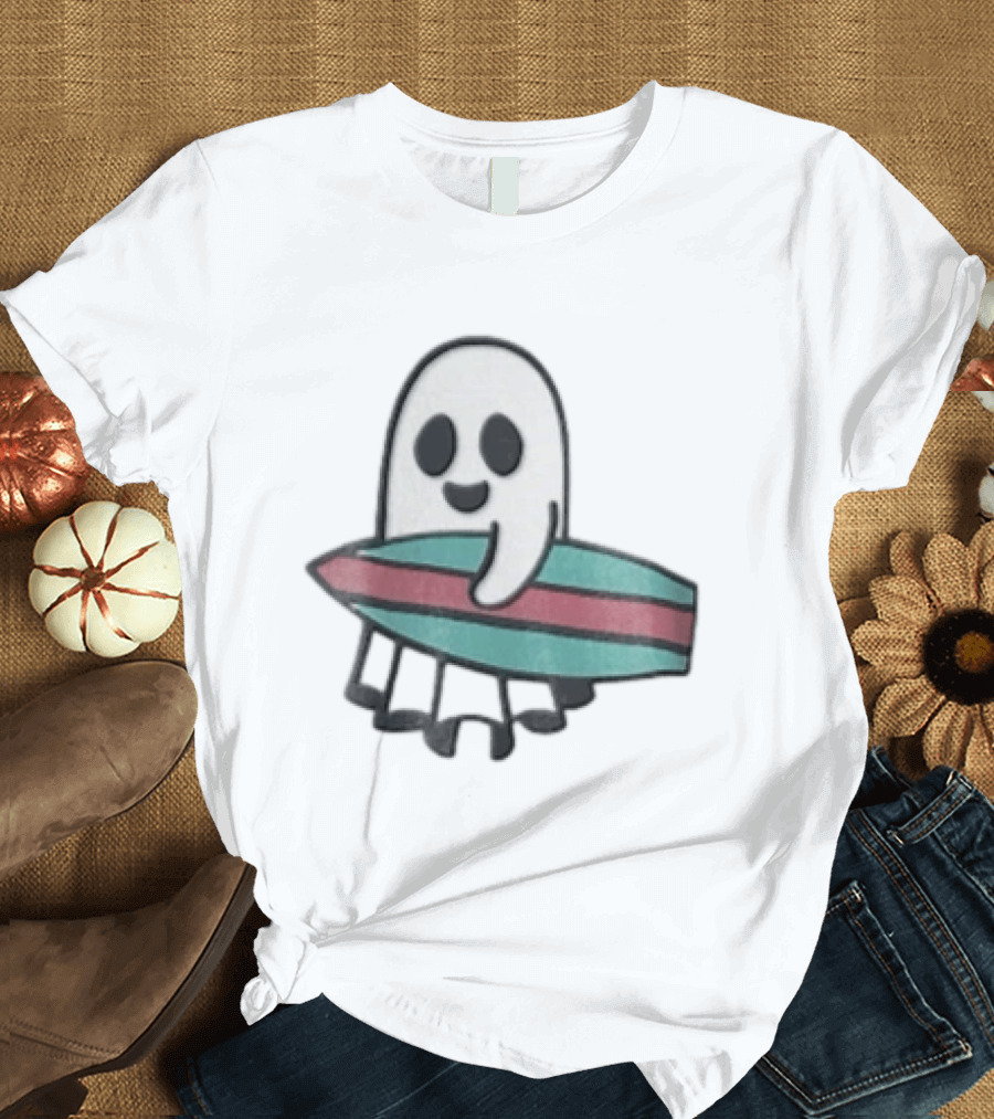 Ghost Holding Surfboard Cartoon Fun Cute Spooky Beach Vibes T-Shirt