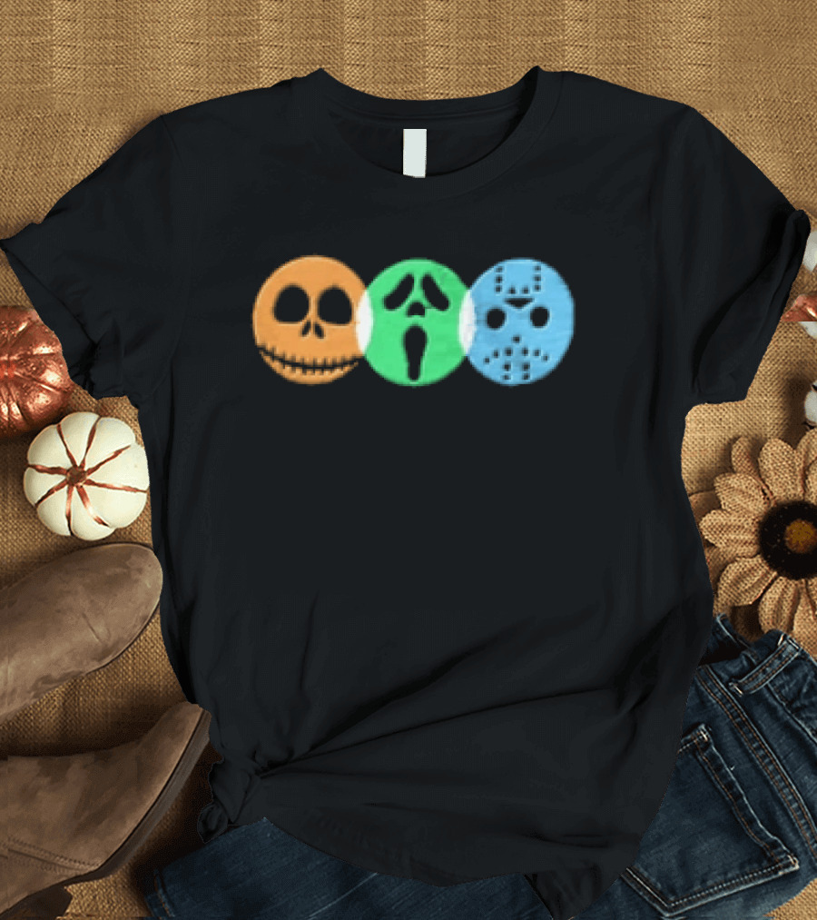 Halloween Horror Characters Colorful Circles Skulls And Masks T-Shirt