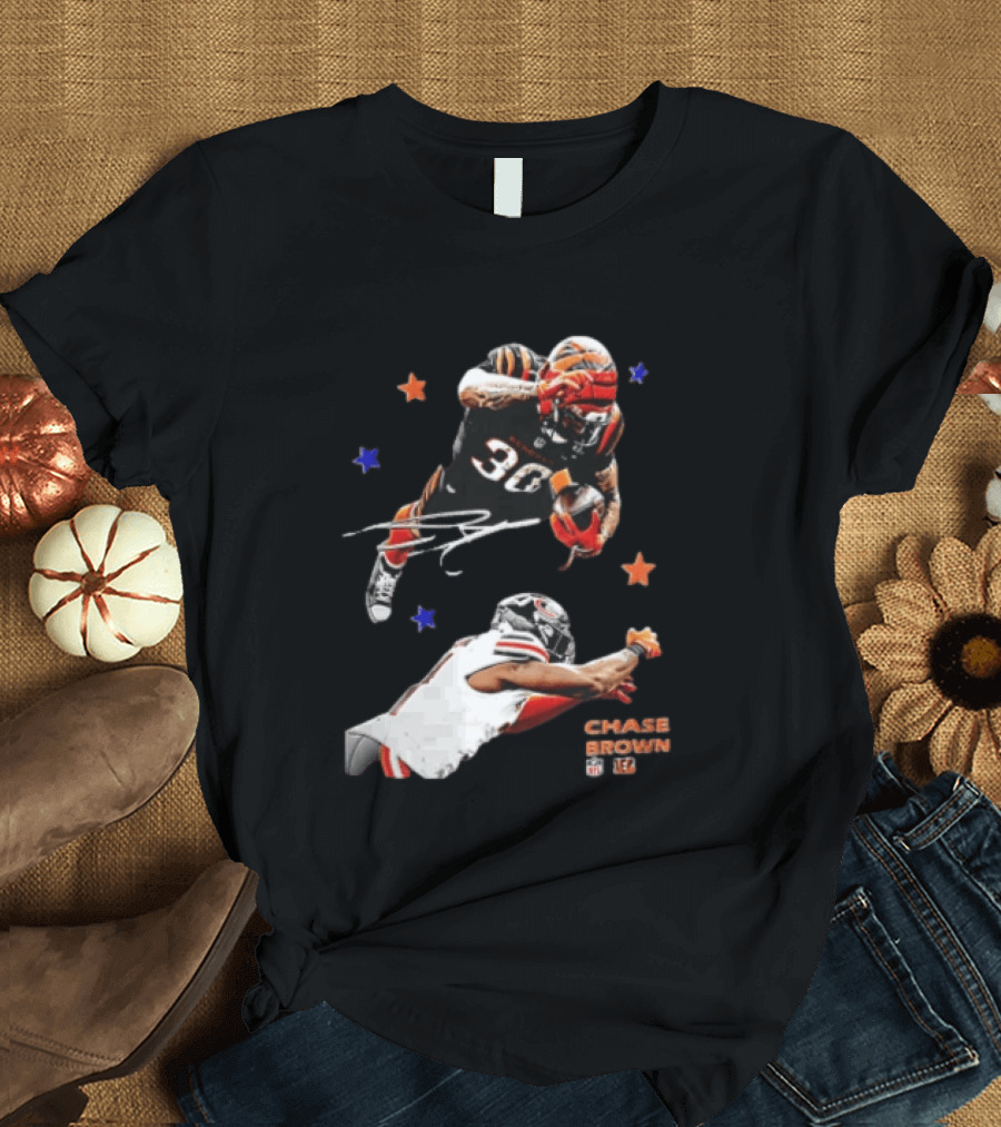 Cincinnati Bengals Chase Brown 30 Running Football Player With Stars T-Shirt