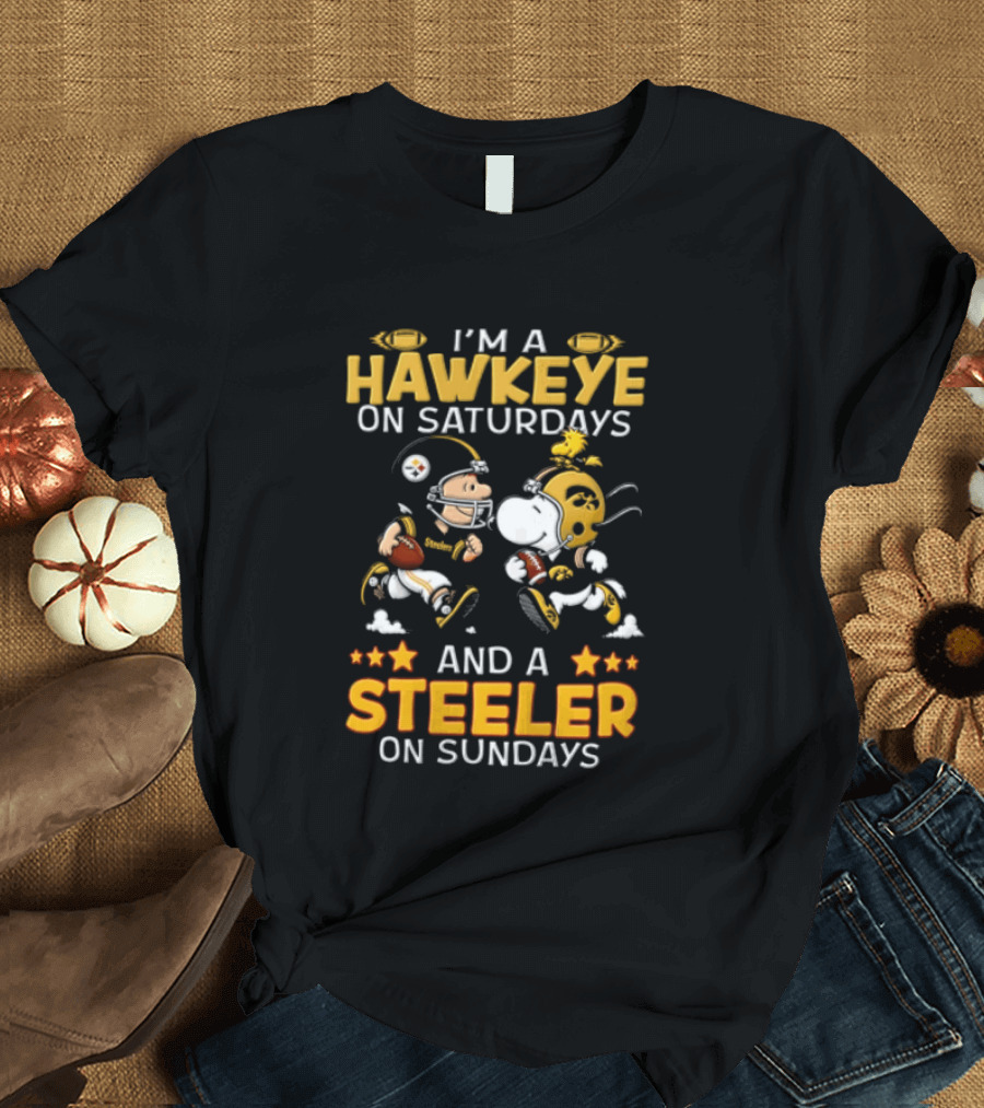 I'm A Hawkeye On Saturdays And A Steeler On Sundays Charlie Brown Snoopy Woodstock Football T-Shirt