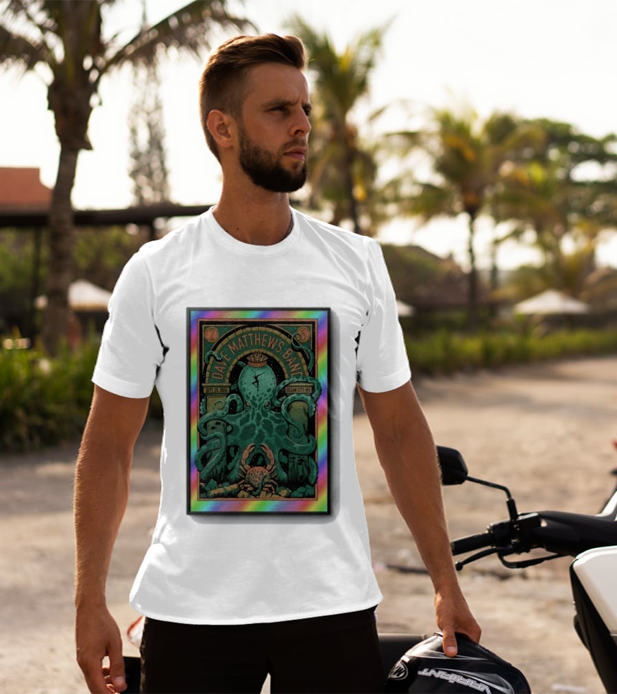 Dave Matthews Band Sept 25 2026 Ocean City MD Octopus And Crab Rainbow Border T-Shirt