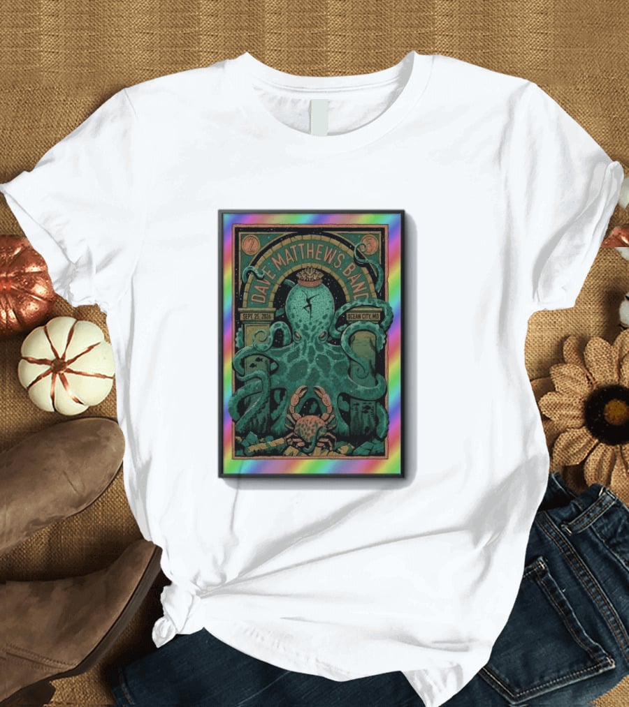 Dave Matthews Band Sept 25 2026 Ocean City MD Octopus And Crab Rainbow Border T-Shirt