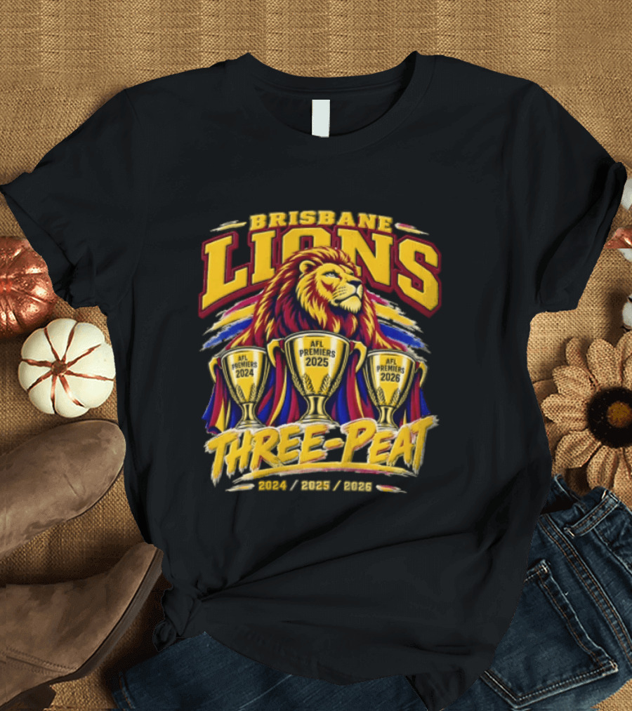 Brisbane Lions Three Peat 2024 2025 2026 Premiership Lion Trophy Celebration T-Shirt