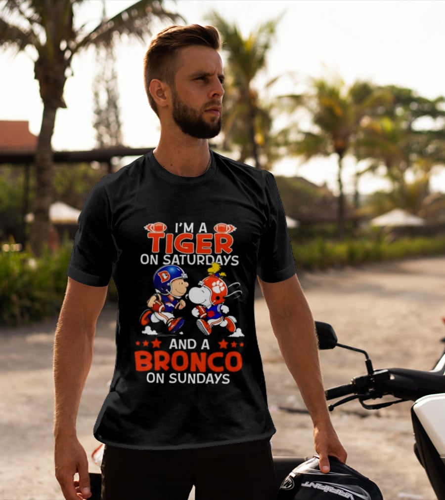Snoopy And Charlie Brown I'm A Tiger On Saturdays And A Bronco On Sundays Football Fun T-Shirt