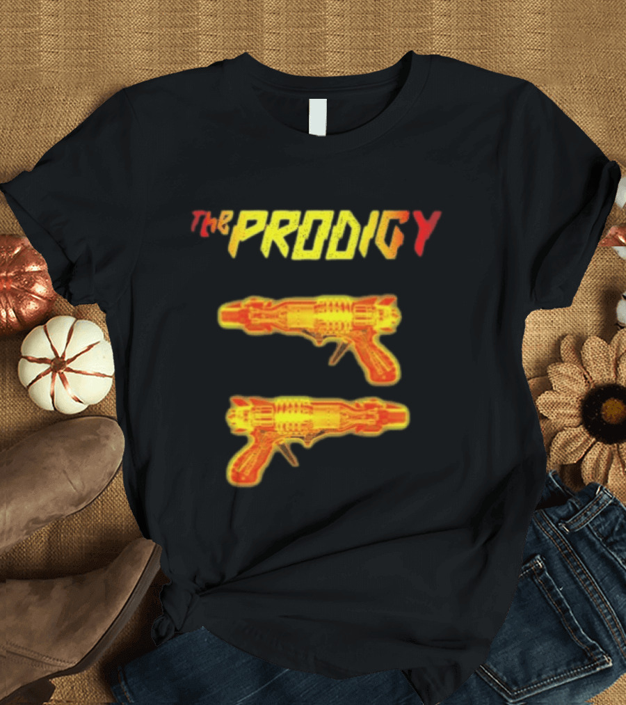The Prodigy Rayguns Yellow And Red Bold Lettering With Dual Ray Guns T-Shirt