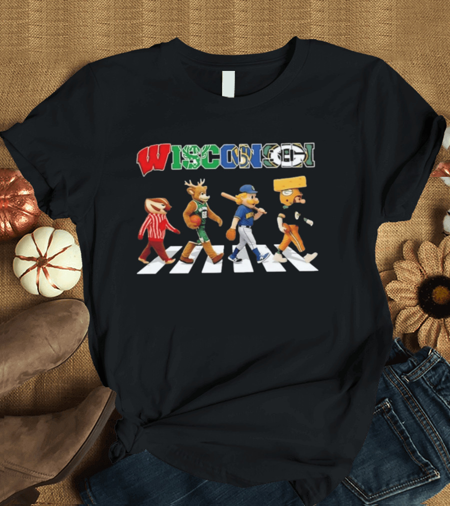 Wisconsin Sports Team Mascots Crossing Abbey Road Collage T-Shirt
