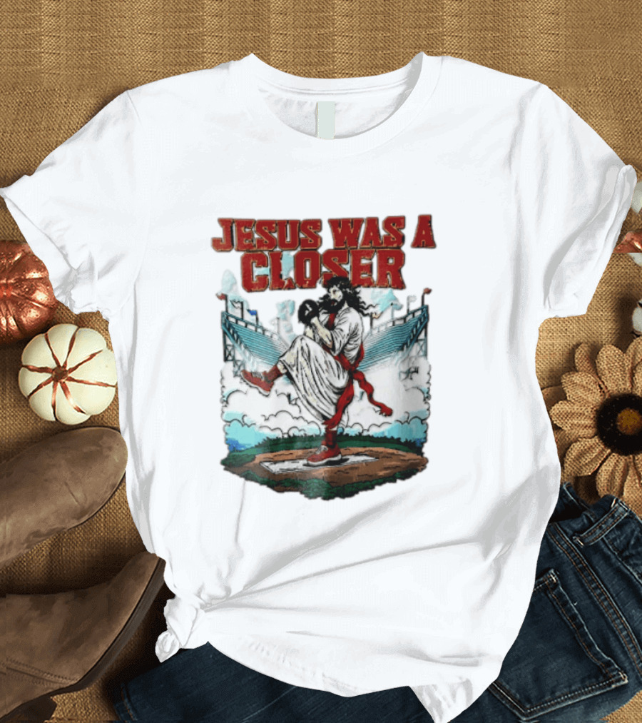 Jesus Was A Closer Baseball Pitcher Heavenly Stadium Scene T-Shirt