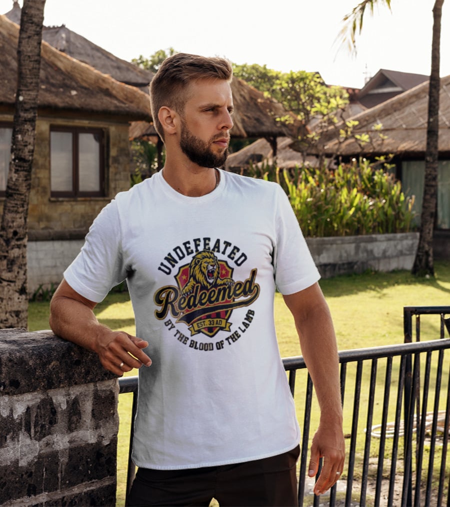 Undefeated Redeemed Lion Crest EST 33 AD By The Blood Of The Lamb T-Shirt