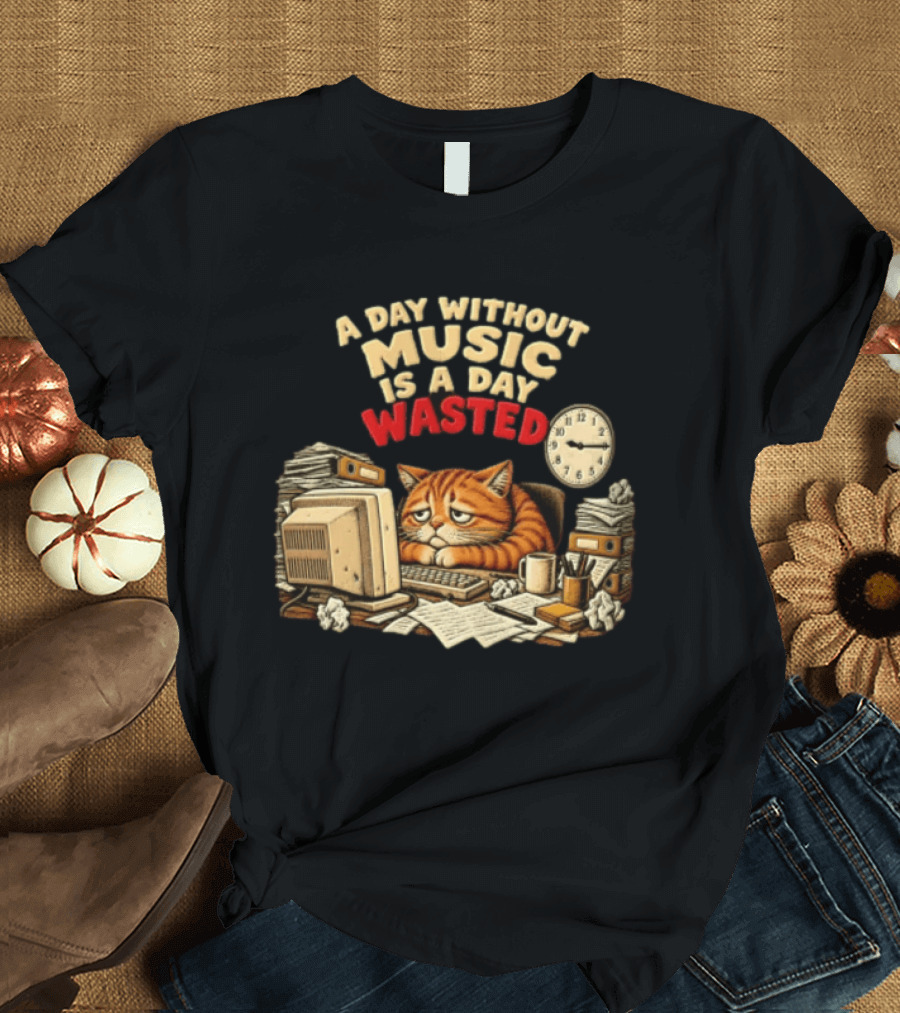 A Day Without Music Is A Day Wasted Sad Orange Cat Office Desk Motivation T-Shirt