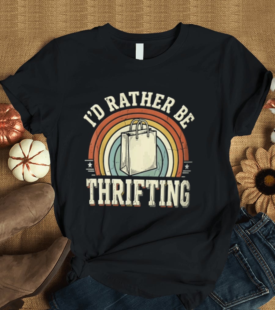 I'd Rather Be Thrifting Shopping Bag Retro Rainbow Stars T-Shirt
