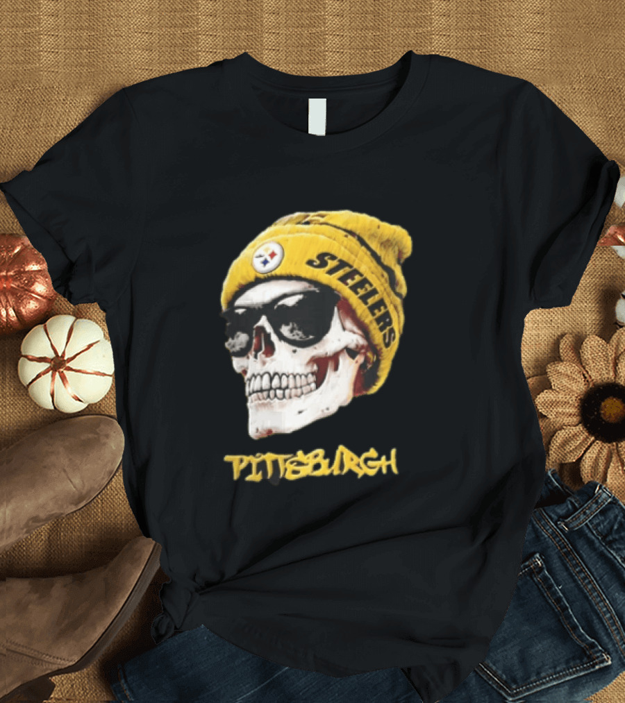 Pittsburgh Steelers Skull Yellow Beanie Sunglasses T-Shirt