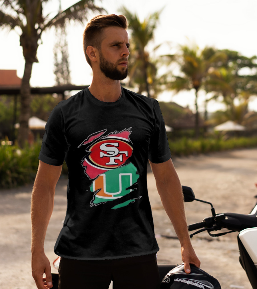 San Francisco 49ers SF And Miami Hurricanes U Distressed Logos T-Shirt