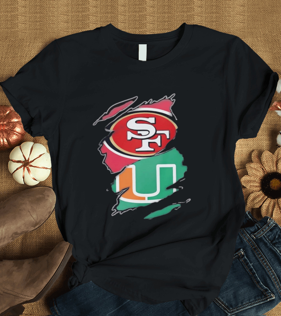 San Francisco 49ers SF And Miami Hurricanes U Distressed Logos T-Shirt
