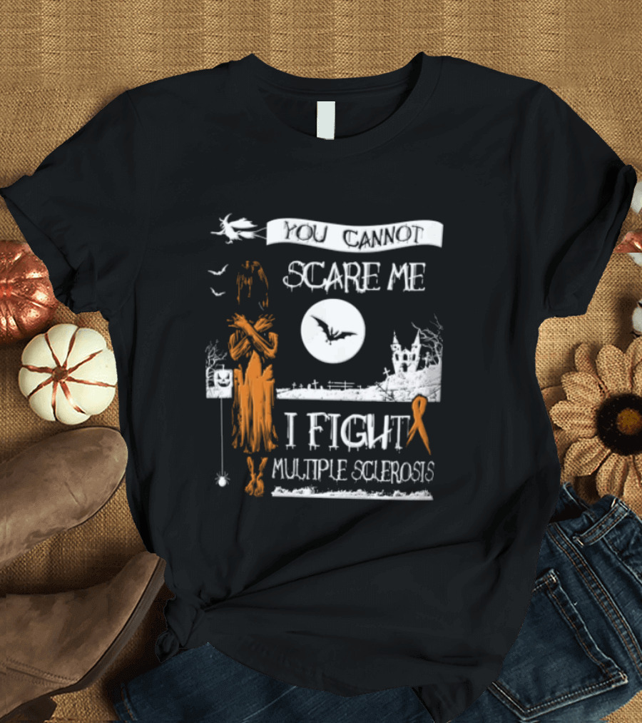 You Cannot Scare Me I Fight Multiple Sclerosis Halloween Witch Bats Moon Cemetery Ribbon T-Shirt