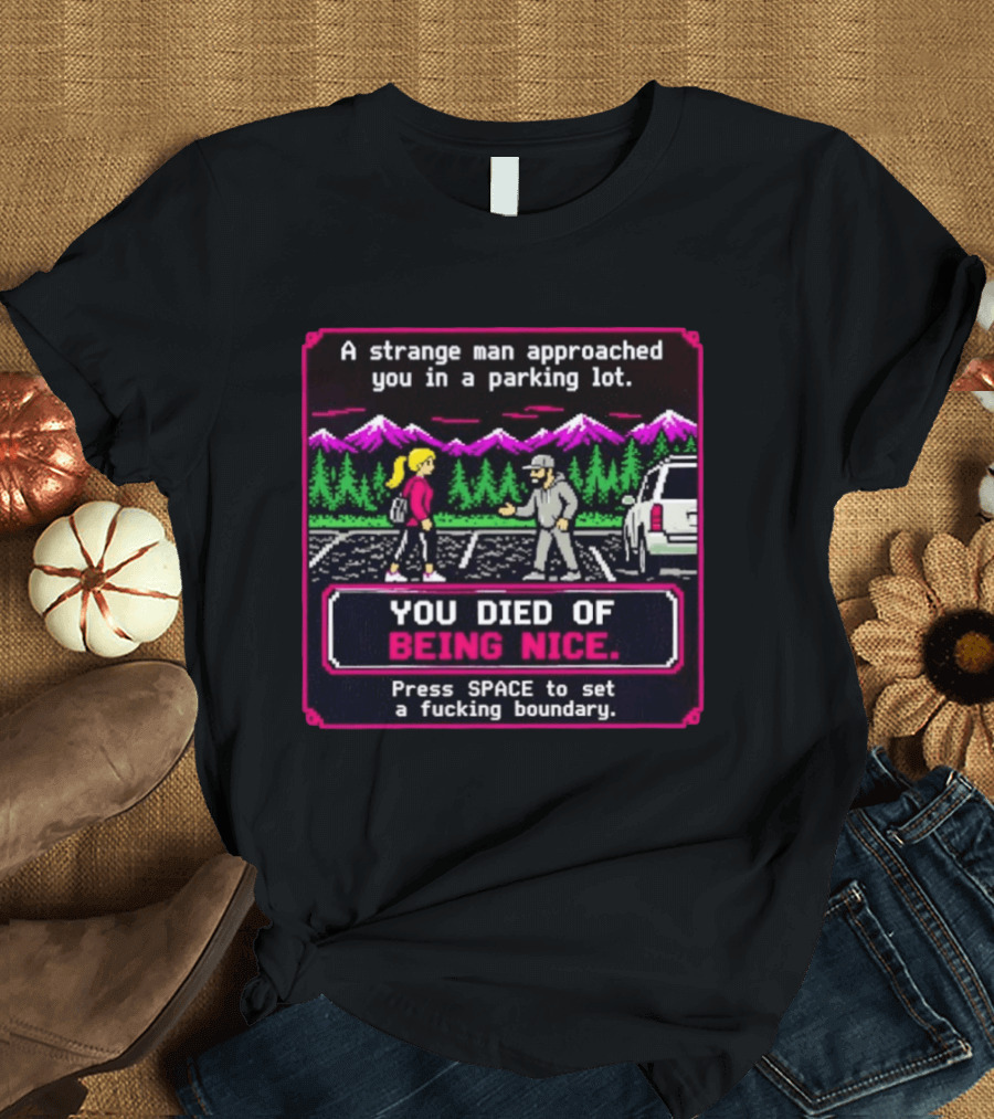 A Strange Man Approached You Arcade Style You Died Of Being Nice Press Space Boundary T-Shirt