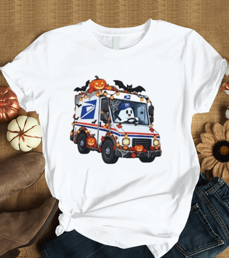 Halloween Ghost Driving USPS Mail Truck With Pumpkins And Bats T-Shirt