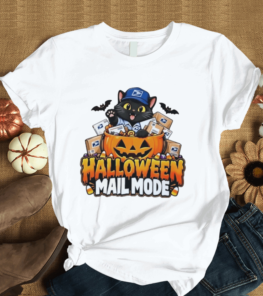 Halloween Mail Mode USPS Black Cat Pumpkin Postal Carrier T-Shirt