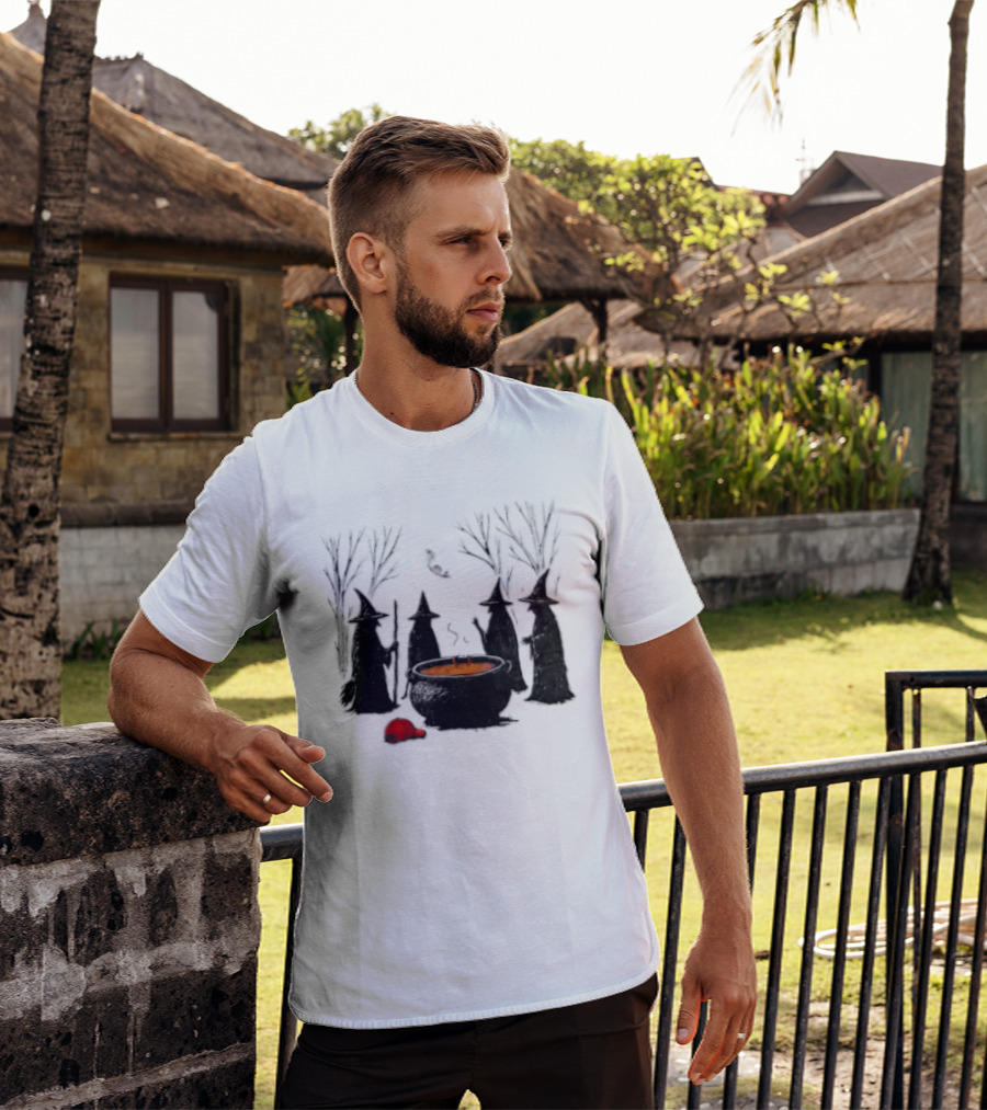 Witches Gathering Around Cauldron And Red Hat Halloween Scene T-Shirt