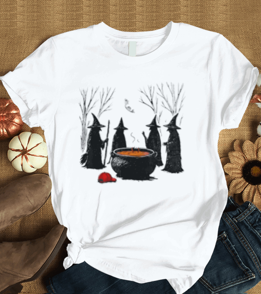 Witches Gathering Around Cauldron And Red Hat Halloween Scene T-Shirt