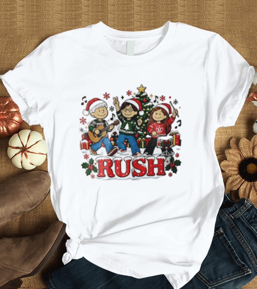 Rush Christmas Cartoon Characters Playing Instruments Festive Holiday Scene T-Shirt