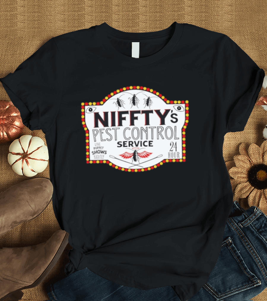Niffty's Pest Control Service Live Puppet Shows Nightly 24 Hour Hazbin Hotel T-Shirt